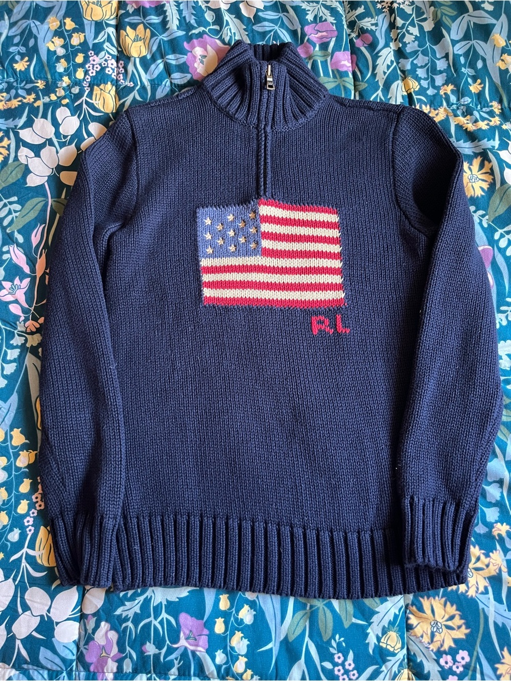 Polo by Ralph Lauren Navy Half-Zip Sweater with American Flag Size Large 14/16